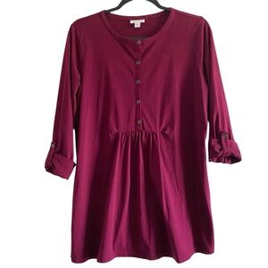 J. Jill Burgundy Button Front Tunic Top Medium Roll Tab Sleeve
